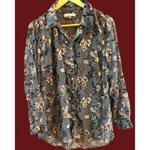 Paparazzi Floral Burn Out Velvet Blouse Button Down Boho Romantic Festival Sz L
